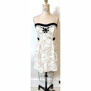 Lilly Pulitzer Cream Ivory Gold Floral Black Beaded Strapless Dress sz 8
